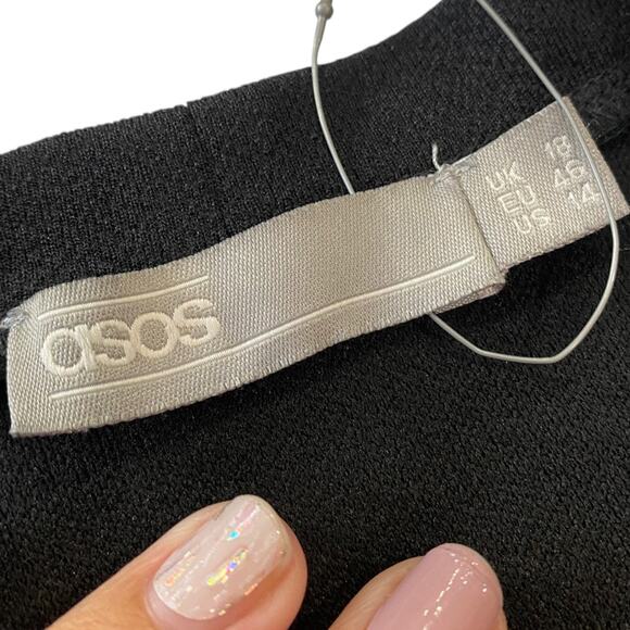 Asos Puff Sleeve Shift Dress Black Half Sleeves Round Neck Knee Length Size 14 - Picture 5 of 11